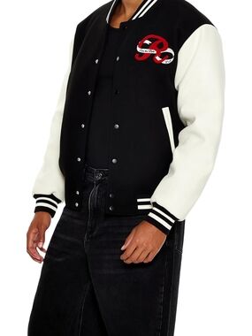 Forever 21 Black & White Varsity Bomber Jacket with Red Patch